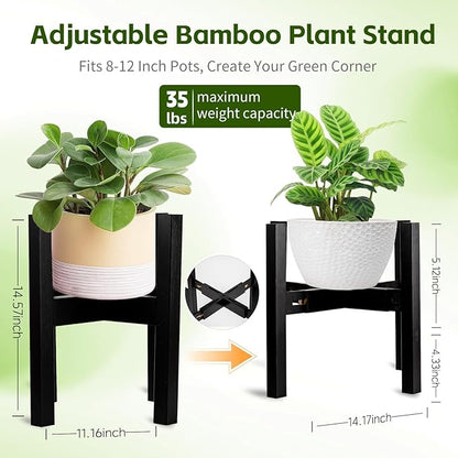 Adjustable Bamboo Plant Stand for Indoor Plants, Holder Rack Fits 8"-12" Pots for Living Room, Bedroom, Corner - Space Saving Shelf (Pot & Plant Not Included)(Black)