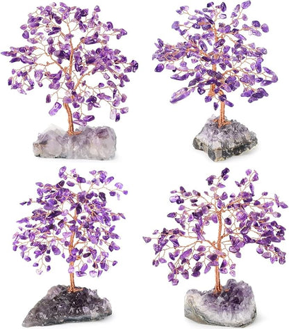 Handmade Chakra Gemstone Crystal Tree of Life,Natural Amethyst with Amethyst Cluster Base,Bonsai Feng Shui Decor Money Tree,Healing Crystals Positive Energy Gift Size 5.5"-6.3"
