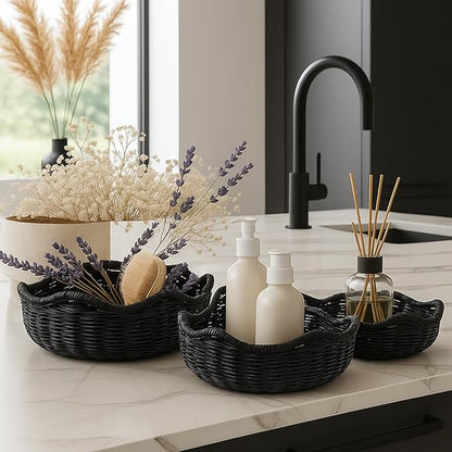3 Pcs Wicker Bread Basket Plastic Rattan Woven Bread Baskets for Serving Rattan Fruit Bowl Kitchen Restaurant Counter Organizing (11.4'',10.3'',8.7'')