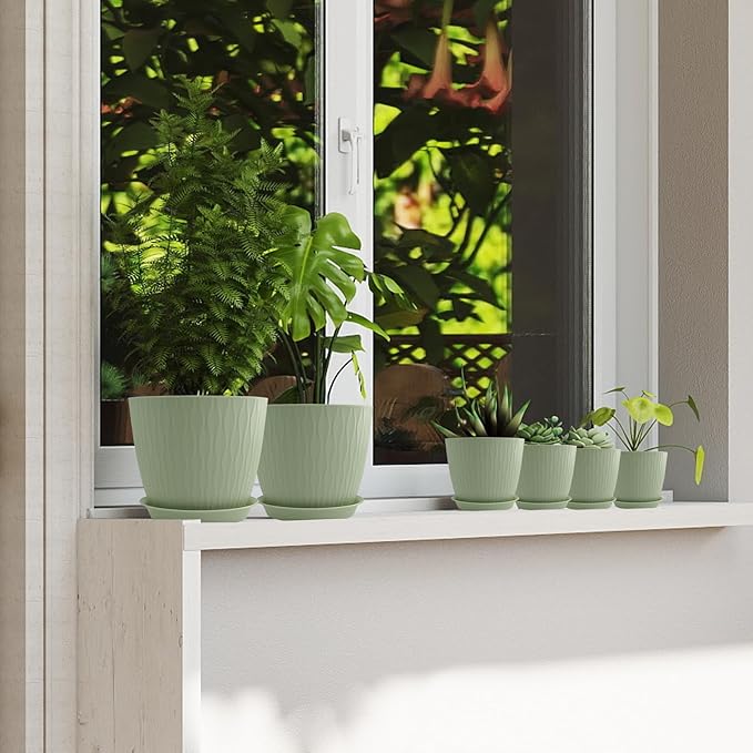 8/7/6 inch Plant Pots, 3 Pack Flower Pots for Outdoor Indoor Garden Plants, Large Planters with Multi Mesh Drainage Holes and Saucer (Green, 8"+7"+6")