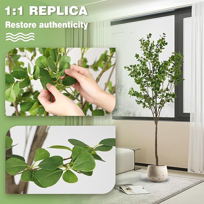 7.55ft Ficus Artificial Trees, Lifelike Faux Tree, Green Lush Fake Ficus Tree Artificial Plants for Office Home Living Room Indoor Outdoor Modern Decor, Perfect Housewarming Gift