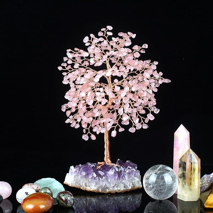 Gemstone Crystal Tree of Life,Natural Rose Quartz(406 Stones Count) with Amethyst Cluster Base,Chakra Positive Energy Feng Shui Decor Bonsai Money Tree,Birthday Gift 8.5''-9''