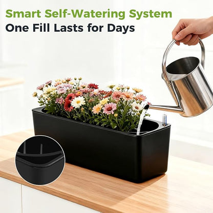 2 Pack Rectangular Self Watering Planter 15.6 x 5.4 in Window Sill Planters Indoor Rectangle Planter Self Watering Pots Plastic Plant pots with Drainage Holes Black Flower Pot (Black)