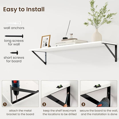 Fun Memories Deep Floating Shelves for Wall, 36W x 8D Wall Mounted Shelves Set of 2, Wide Display Ledge Shelf with Sturdy Metal Brackets for Living Room, Bathroom, Bedroom and Kitchen, White