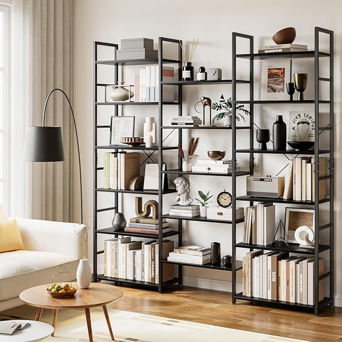 OTK Triple Wide 6 Tier Bookshelf, Rustic Industrial Style Bookcases with 14 Open Display Shelves, Wide Bookshelves for Bedroom, Living Room and Home Office, Black