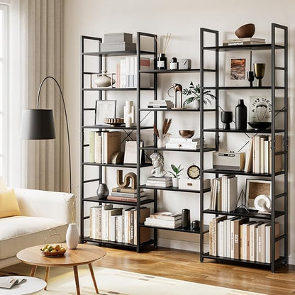 OTK Triple Wide 6 Tier Bookshelf, Rustic Industrial Style Bookcases with 14 Open Display Shelves, Wide Bookshelves for Bedroom, Living Room and Home Office, Black