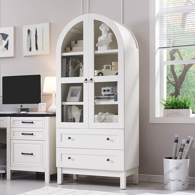 71" Tall Arched Bookshelf, 4-Tier Bookcase with Glass Doors and Shelves, Wooden Display Cabinet w/2 Large Storage Drawers, Modern Farmhouse Versatile Bookshelf for Living Room, Bedroom, White
