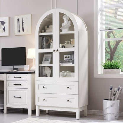 71" Tall Arched Bookshelf, 4-Tier Bookcase with Glass Doors and Shelves, Wooden Display Cabinet w/2 Large Storage Drawers, Modern Farmhouse Versatile Bookshelf for Living Room, Bedroom, White