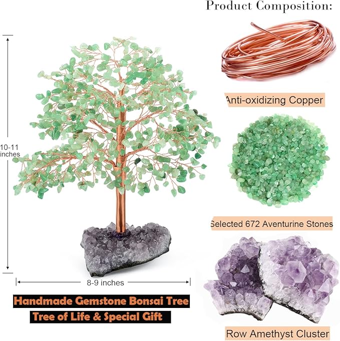 Gemstone Crystal Tree of Life, Natural Green Aventurine Jade, Chakra, Amethyst Geode Cluster, Positive Energy Healing Crystals, Feng Shui Decor Bonsai Money Tree, Size 10"-12