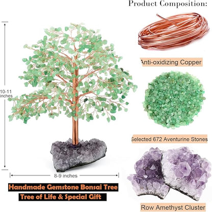Gemstone Crystal Tree of Life, Natural Green Aventurine Jade, Chakra, Amethyst Geode Cluster, Positive Energy Healing Crystals, Feng Shui Decor Bonsai Money Tree, Size 10"-12