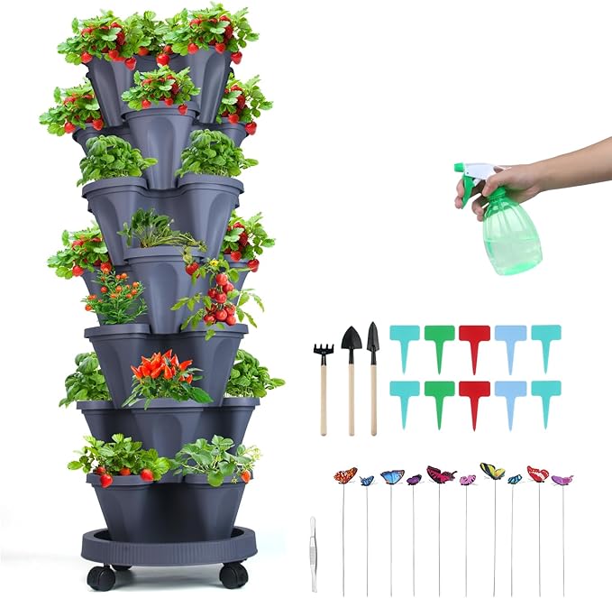 GameXcel Vertical Planter, 7 Tier Stackable Strawberry Planter with Garden Tool Set, Movable Indoor/Outdoor Garden Herb Pot for Growing Vegetables and Succulents, Dark Gray