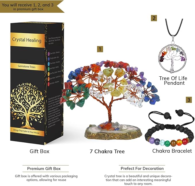 Chakra Tree - Seven Chakra Tree - Crystal Bonsai Tree - GoodLluck Money Tree - Stones and Crystals - Chakra Tree of Life - Feng Shui Decor - Office Desk Decor - Crystal Gifts