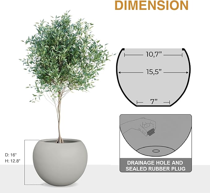 12.8”H x 16”D Globo Fiberstone Round Planter - Christmas Tree Planter, Smooth Finishes, Weather Resistant for Indoor & Outdoor Use, Included 2 Extra Coco Mats (Light Gray, 10.7” Pot Opening)