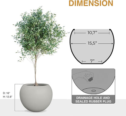 12.8”H x 16”D Globo Fiberstone Round Planter - Christmas Tree Planter, Smooth Finishes, Weather Resistant for Indoor & Outdoor Use, Included 2 Extra Coco Mats (Light Gray, 10.7” Pot Opening)