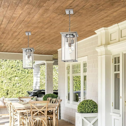 Lagre Outdoor Pendant Light Fixtures, Brushed Nickel Exterior Porch Hanging Lighting with Adjustable Chain, Clear Glass Panel Ceiling Lantern for Front Door Foyer Entryway, E26 Bulb Base