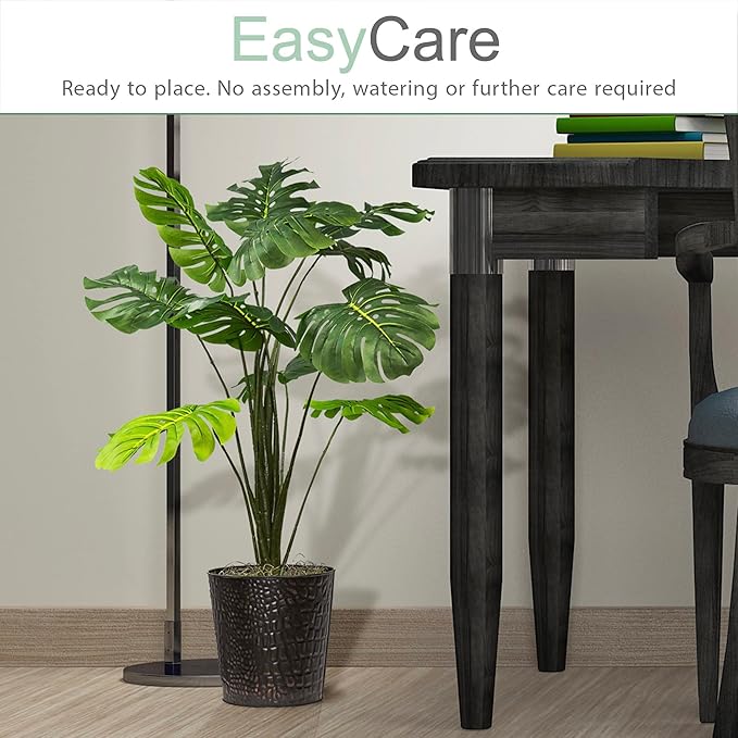 2.8ft Faux Monstera Deliciosa - Realistic Fade Resistant Foilage, No Maintenance, Large Indoor Artificial Plant in Copper Metal Pot - Living Room, Home & Office Decor