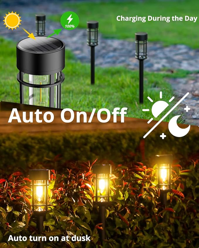 Solar Lights Outdoor Waterproof, 8 Pack Solar Pathway Lights with Metal & Glass, Auto On/Off, Long-Lasting Design for Yard, Landscape, Walkway Garden Decor