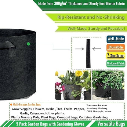 5-Pack 1 Gallon Thickened Plant Grow Bags (7x6 inch) Nursery Bags Fabric Plant Pots for Flower Pot,Herbs Veggies Planter Bag,Garden Pots,Barrel Planter,Garden Bag,Plant Container with Gardening Gloves