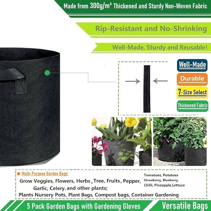 5-Pack 10 Gallon Thickened Plant Grow Bags (16x12 inch) Fabric Plant Pots for Tomato,Potato Planters,Herbs Veggies Planter Bag,Flower Pot,Garden Pot,Barrel Planter,Plant Container W/ Gardening Gloves
