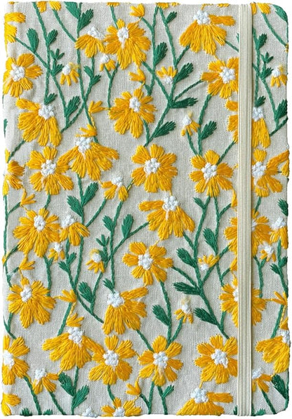 Daisy Gift, Flower Journal, Embroidered Notebook, Beautiful Journals for Women, 8"x6", Hardcover, Lay Flat, A5, Lined Paper, Wide Ruled Page, Writing Journal, Yellow Daisy, with Elastic Band