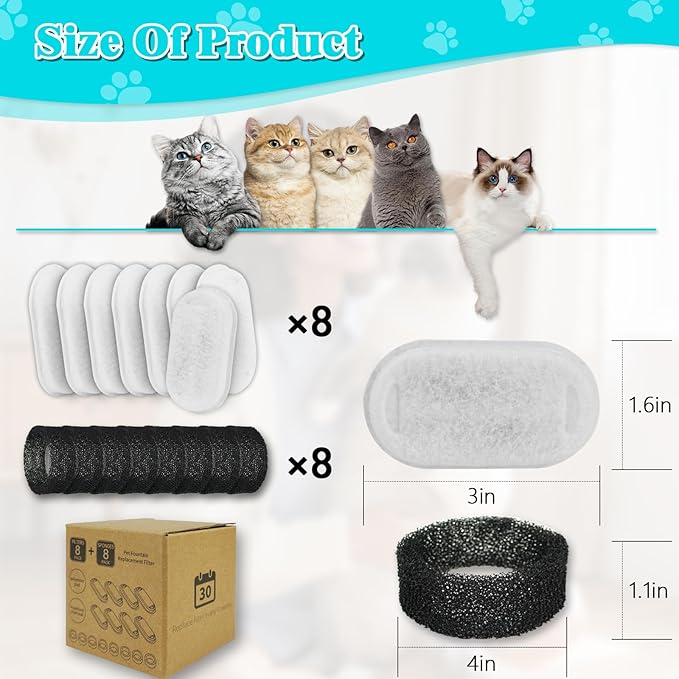 8-Pack Cat Water Fountain Filters with Pump Sponges — Activated Carbon, Ion-Exchange Resin & Cotton Mesh Replacement Filters for Pet Drinking Fountain