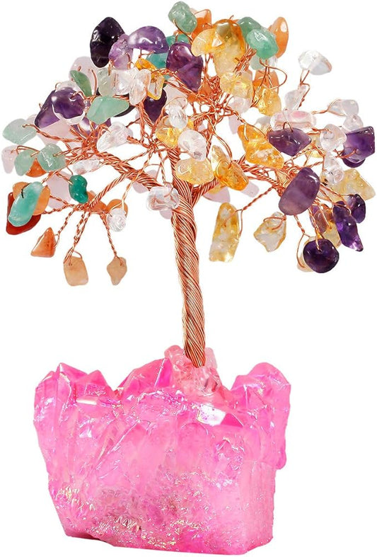 mookaitedecor Colorful Crystal Tree, Quartz Cluster Fuchsia Titanium Crystals Base Bonsai Money Tree for Wealth and Luck