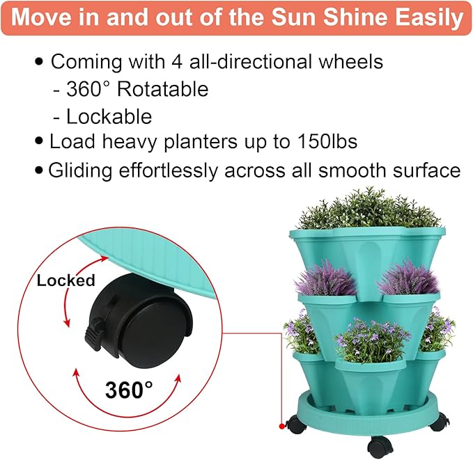GameXcel Vertical Planter 3 Tier Stackable Planters Garden Planters Strawberry Herb Flower and Vegetable Planter Indoor Outdoor Gardening Pots with Removable Wheels and Tools