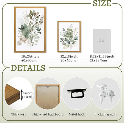 LLEEMPI Sage Green Wall Art Set of 3, Modern Watercolor Botanical Wall Decor, Eucalyptus Leaf Canvas Painting, Classic Minimalist Florals Poster Print for Bedroom Bathroom Office Wood Framed 16x24 Inch
