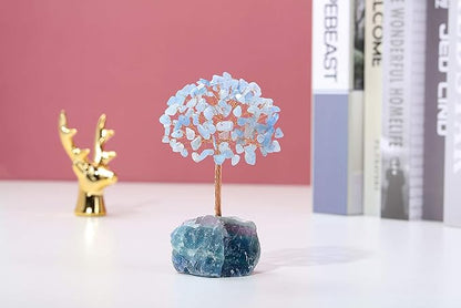 Jovivi Natural Aquamarine Crystal Tree, Raw Healing Crystals Fluorite Base Bonsai Money Tree for Home Office Table Decor Wealth and Luck