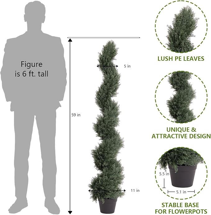 THE BLOOM TIMES 5ft Spiral Artificial Topiary Trees Set of 2, Faux Cedar Trees for Outdoor Planters - Fake Twist Cypress Plants for Garden Front Porch Indoor Outside Christmas Decor 5 Foot