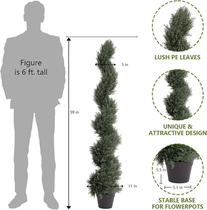 THE BLOOM TIMES 5ft Spiral Artificial Topiary Trees Set of 2, Faux Cedar Trees for Outdoor Planters - Fake Twist Cypress Plants for Garden Front Porch Indoor Outside Christmas Decor 5 Foot