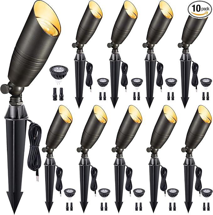 Gardenreet Low Voltage Spotlight LED - 12V Outdoor Light Fixture Weather Proof, Brass Landscape Lights Hardwired, Bronze Coastal for Flag Sign with Cool Light MR16 Removable Bulbs (10 Pack)