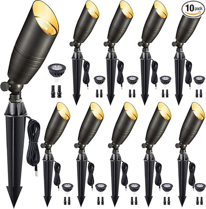 Gardenreet Low Voltage Spotlight LED - 12V Outdoor Light Fixture Weather Proof, Brass Landscape Lights Hardwired, Bronze Coastal for Flag Sign with Cool Light MR16 Removable Bulbs (10 Pack)