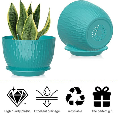 12/10/9 Inch Planter Pots, 3-Pack Large Flower Pots for Indoor Outdoor Garden Plants, Big Plant Pots with Multi Mesh Drainage Holes and Saucer (Black-Green, 12"+10"+9")
