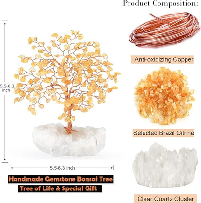 Natural Citrine Gemstone Crystal Tree of Life,Clear Quartz Cluster Base,Bonsai Money Tree Feng Shui Home Decor,Healing Crystals Positive Energy Gift for Luck and Wealth 5.5"-6.3"
