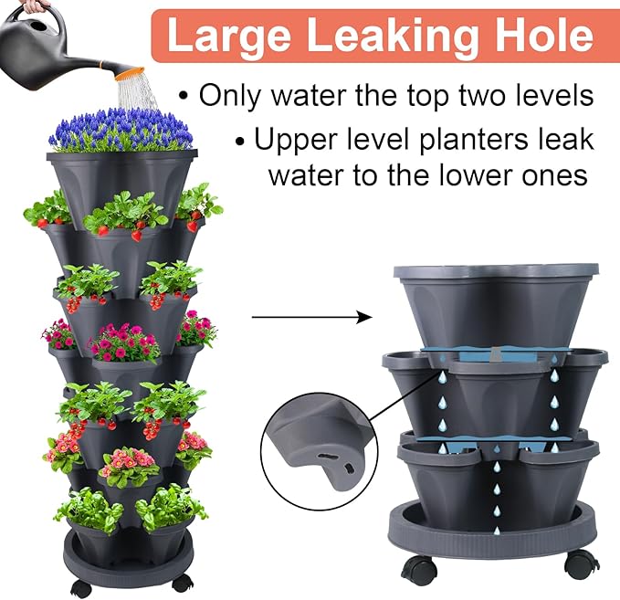 GameXcel Vertical Planter 7 Tier Stackable Planters Garden Planters Strawberry Herb Flower and Vegetable Planter Indoor Outdoor Gardening Pots with Removable Wheels and Tools