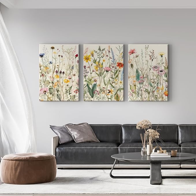 3 Pcs Framed Flowers Canvas Wall Art Watercolor Floral Botanical Prints Wildflower Pictures Wall Decor Colorful Plant Paintings Posters for Bathroom Living Room Bedroom Office Kitchen(16x24in)