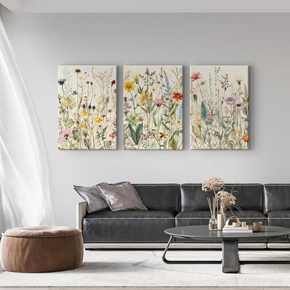 3 Pcs Framed Flowers Canvas Wall Art Watercolor Floral Botanical Prints Wildflower Pictures Wall Decor Colorful Plant Paintings Posters for Bathroom Living Room Bedroom Office Kitchen(16x24in)