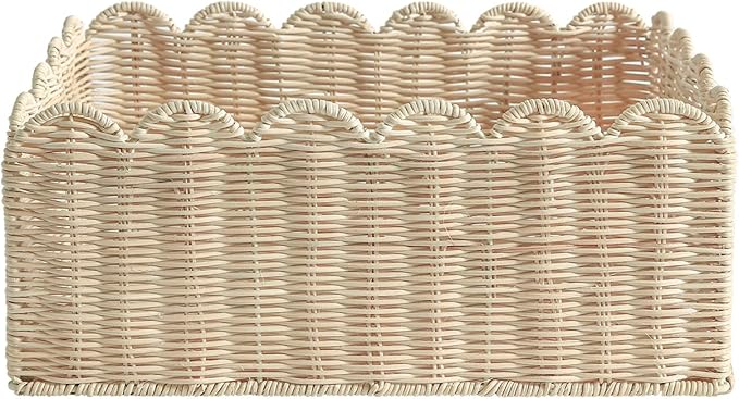 Scalloped Edge Basket, Wicker Storage Baskets, Hand Woven Baskets for Shelves,Natural Baskets for Organizing (S+M-Rattan)