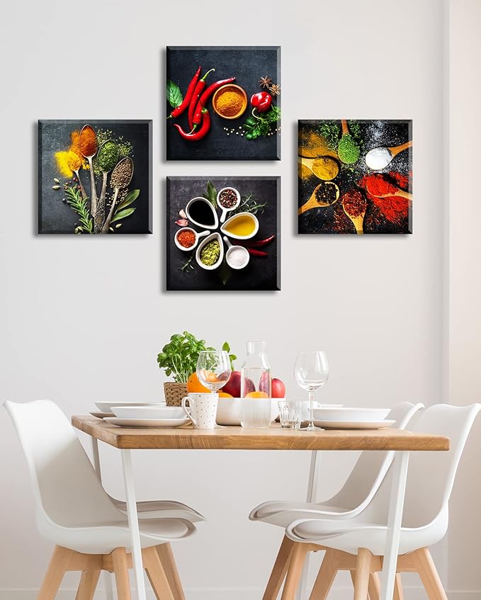Kitchen Wall Decor Colorful Spices Seasoning Spoon Canvas Wall Art Vintage Painting Picture for Modern Home Dining Room Contemporary Artwork Decoration Stretched and Framed Ready to Hang 12"X12"X4