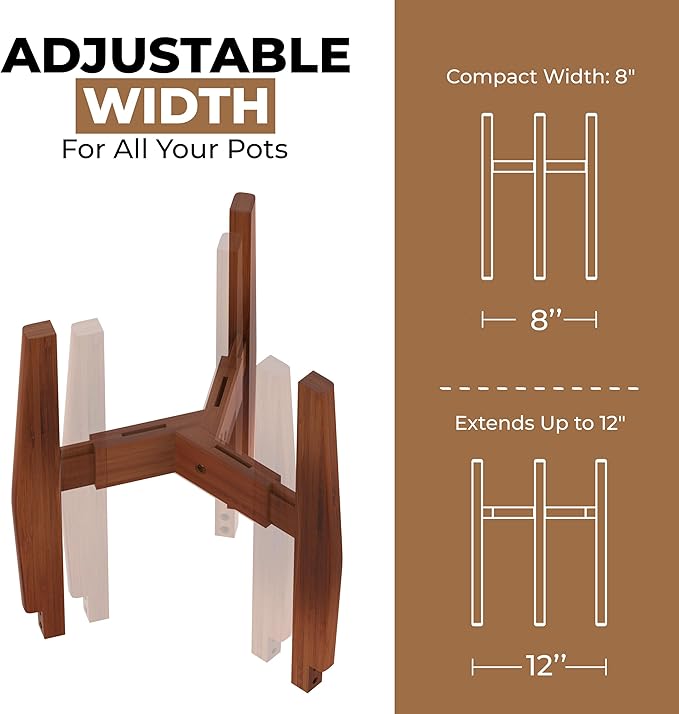 ROCCA 2-Tier Adjustable Width 8" to 12" Stackable Bamboo Tall Plant Stand Indoor, Corner Wood Plant Stand, Wooden Plants Holder, Plants Stands Indoor, Modern Pedestal Tables for Multiple Pots