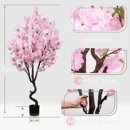 7FT Artificial Cherry Blossom Tree Beautiful Sakura Flower Tree Indoor Faux Pink Tree for Home Christmas New Year Decor