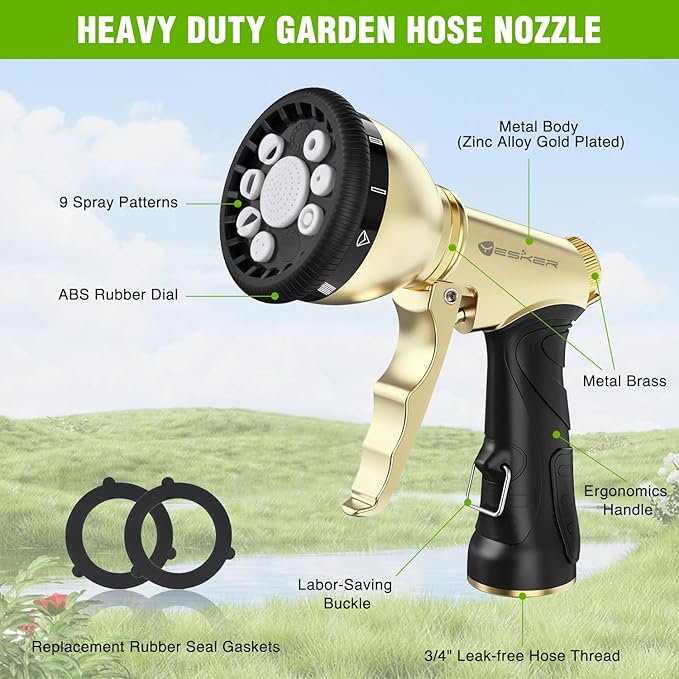 Yesker Garden Hose Nozzle, Water Hose Sprayer Nozzle Adjustable 9 Spray Patterns Heavy Duty Metal Water Nozzles for Hose Outdoor with Non-Slip Rubber Grip for Watering Plants Lawns Washing Cars Pets