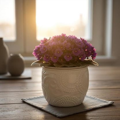 6.5” Ceramic Self Watering African Violet Planter with Embossed Floral Design – Durable Indoor Plant Pot for Orchids, Succulents, and Houseplants