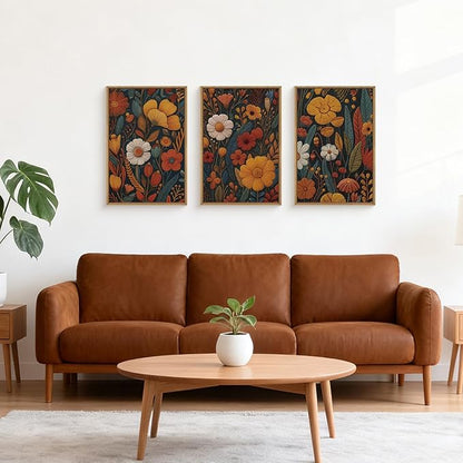 Vintage Orange Flower Framed Canvas Wall Art, Boho Abstract Floral Prints, Mid Century Botanical Flower Decor, Retro Neutral Plant Art Painting for Bedroom Living Room Office 16"x24"x3