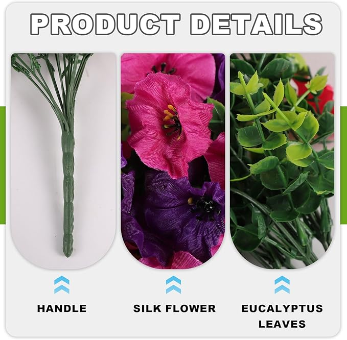 Artificial Hanging Flowers for Outdoor, 2 PCS Silk Morning Glory Faux Flowers with Eucalyptus Leaves,Realistic Hanging Plants for Wedding Home Office Garden Decor