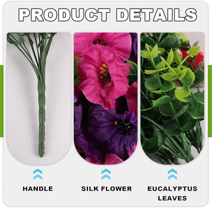 Artificial Hanging Flowers for Outdoor, 2 PCS Silk Morning Glory Faux Flowers with Eucalyptus Leaves,Realistic Hanging Plants for Wedding Home Office Garden Decor