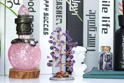 Amethyst Healing Crystal Tree of Life Natural Gemstone Agate Slice Base Copper Wire Wrapped Money Trees Feng Shui Reiki Spiritual Energy Decorations Home Office Room Desk Decor Gifts for Women Men