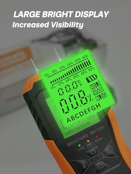 Mecurate Digital Pin Type Wood Moisture Meter with 3 Colored Indicators, Moisture Detector 2 Mode 8 Calibration Large Backlit for Wood, Wall, Firewall (Orange)
