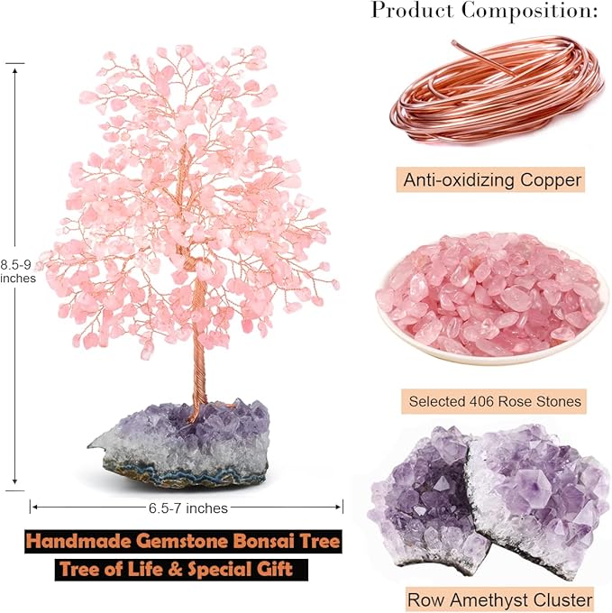 Gemstone Crystal Tree of Life,Natural Rose Quartz(406 Stones Count) with Amethyst Cluster Base,Chakra Positive Energy Feng Shui Decor Bonsai Money Tree,Birthday Gift 8.5''-9''